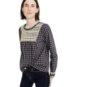 J Crew Womens plaid with gold bib peasant top size XS Tall